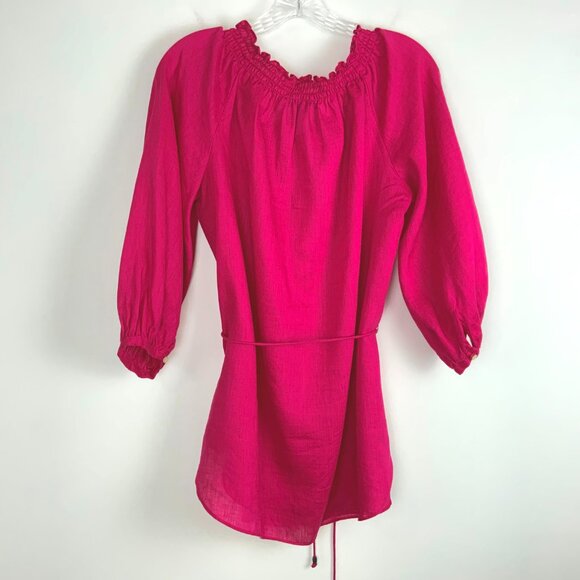 Lauren Ralph Lauren Fuschia Linen Peasant Embroidered Blouse Tie Waist Sz L - Picture 4 of 16